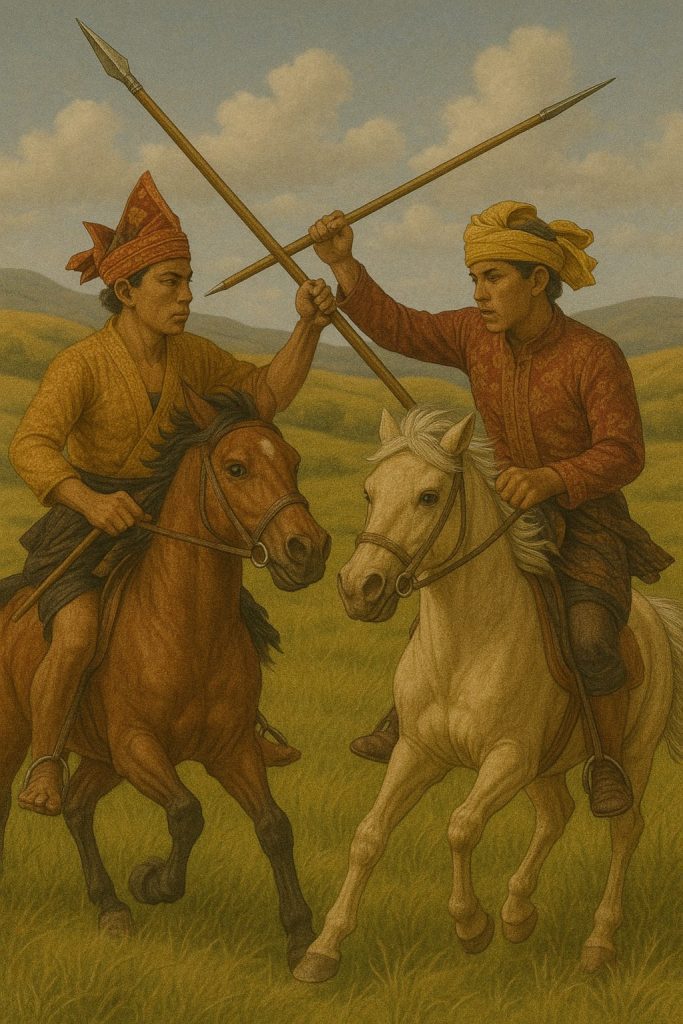 Aksi duel berkuda dengan latar padang rumput Sumba.