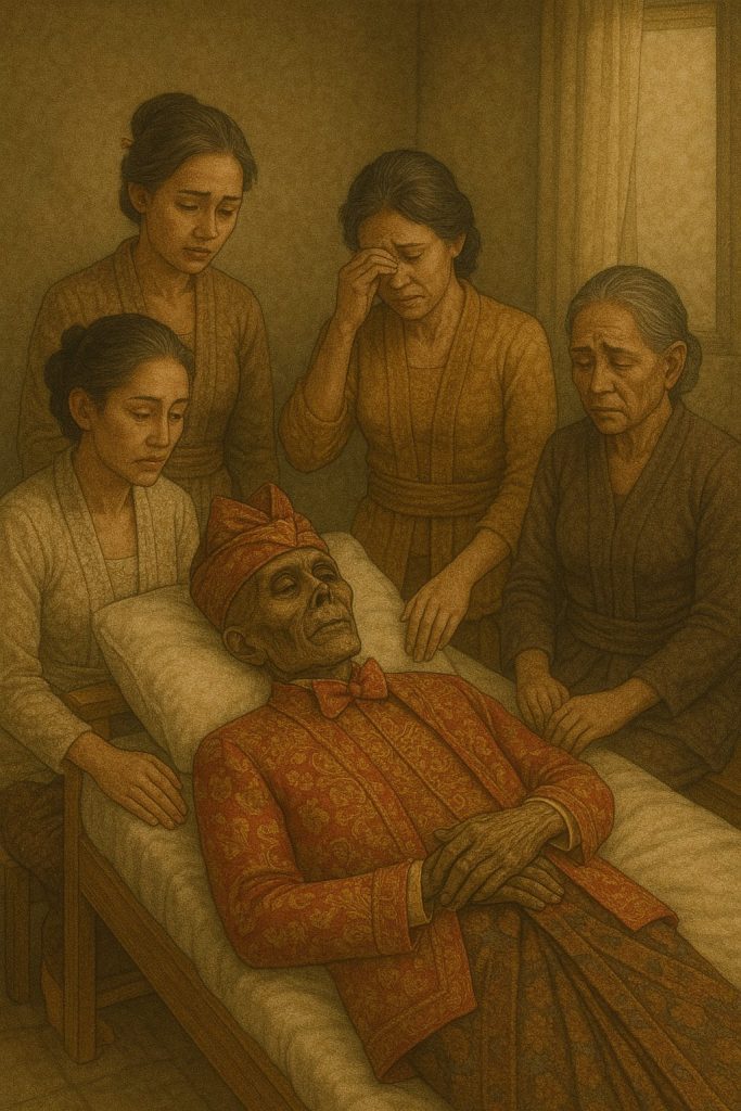 Mayat yang dirawat dan berpakaian lengkap oleh keluarga.