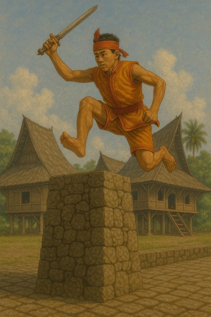 Pemuda Nias di udara saat melompati batu.
