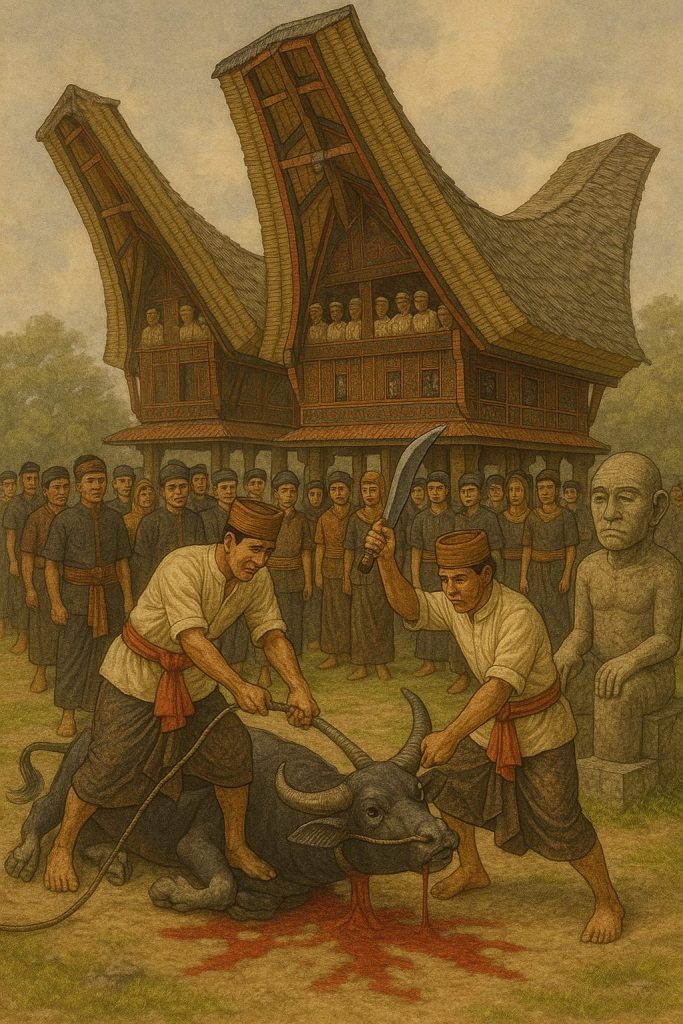 Rumah adat Tongkonan, prosesi pemotongan kerbau, dan patung leluhur.