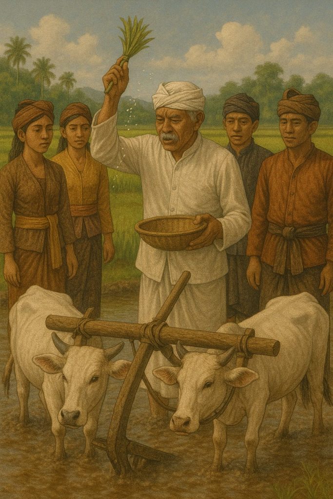 Tokoh adat memercikkan air pada alat bajak, dikelilingi petani berpakaian adat.