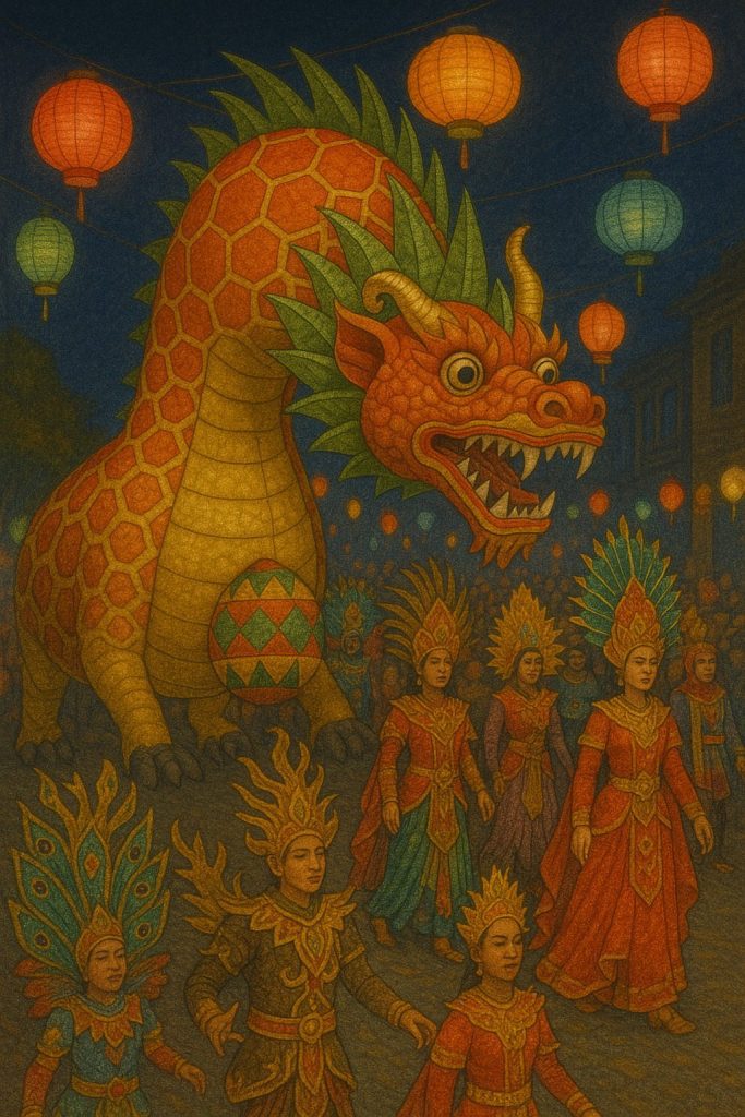 Ide gambar: Warak Ngendog raksasa, parade kostum, dan lampu warna-warni.