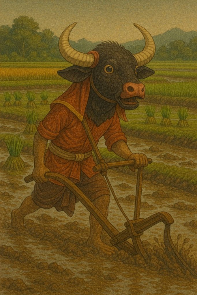 Warga berkostum kerbau membajak sawah.