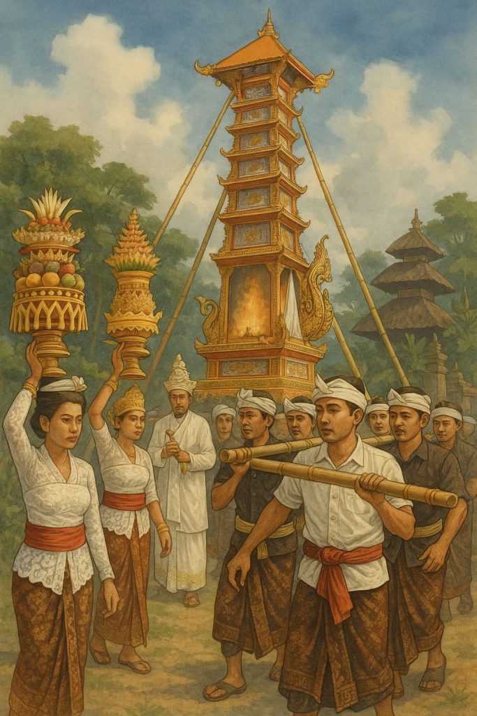 Prosesi Ngaben di Bali dengan latar menara kremasi besar dan pakaian adat.